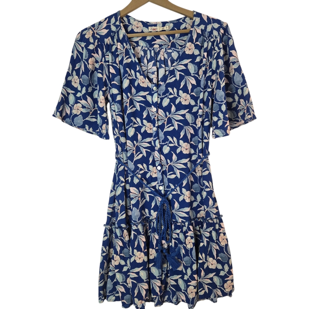 FAHERTY Women Size XS Blue Floral S/SL Button Front Ruffle Dress